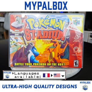 Peut inclure: Une cartouche de jeu Nintendo 64 pour Pokemon Stadium. La cartouche de jeu est dans un boîtier en plastique transparent. Le devant du boîtier présente une image colorée d'un personnage Pokemon en train de combattre un autre personnage Pokemon. Le texte "Pokemon Stadium" est imprimé en gros caractères gras sur le devant du boîtier. Le texte "N64 Transfer Pak Included!" est imprimé en petits caractères sur le devant du boîtier. Le texte "Only For" est imprimé en petits caractères sur le devant du boîtier. Le texte "Designed For N64 Transfer Pak" est imprimé en petits caractères sur le devant du boîtier. Le texte "1-4 Player: Simultaneous" est imprimé en petits caractères sur le devant du boîtier. Le texte "Everyone" est imprimé en petits caractères sur le devant du boîtier. Le texte "Languages available: French, English" est imprimé en petits caractères sur le devant du boîtier.