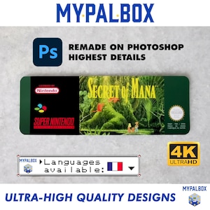 Peut inclure: Une étiquette de cartouche de jeu vidéo pour Super Nintendo, avec un fond vert et bleu et le titre "Secret of Mana" en texte blanc. L'étiquette est conçue pour ressembler à une cartouche de jeu vintage, avec une bordure noire et un logo Nintendo en haut à gauche. L'étiquette est également marquée d'un logo 4K Ultra HD en bas à droite.