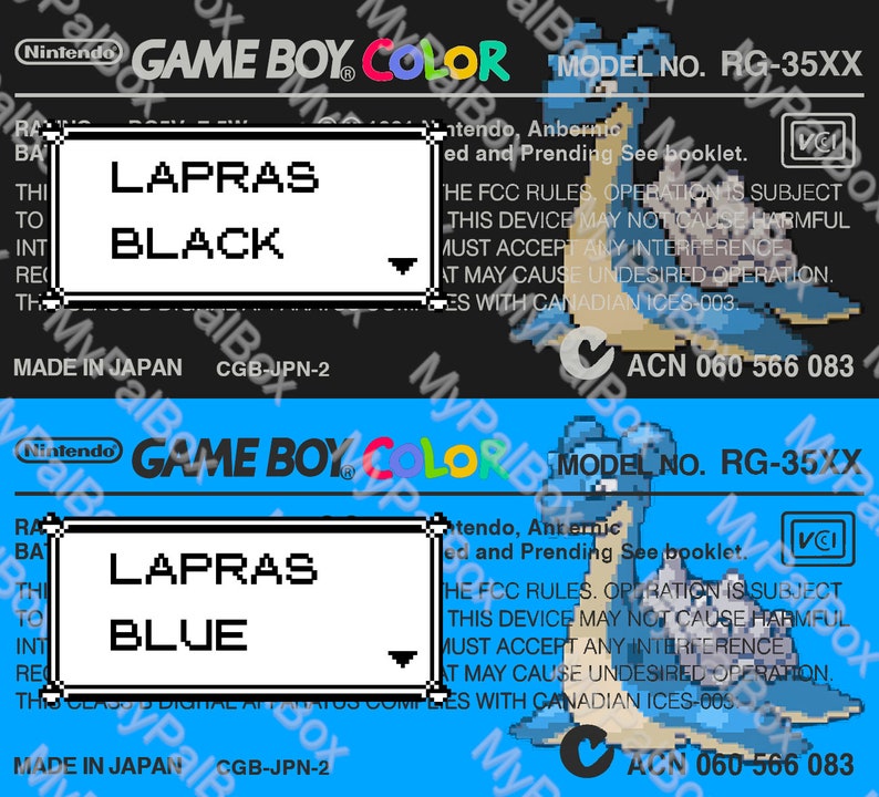 May include: A blue Game Boy Color game cartridge with a black and white image of a Lapras on the front. The text "LAPRAS BLACK" is printed on the cartridge. The text "MODEL NO. RG-35XX" is printed on the top right corner of the cartridge. The text "MADE IN JAPAN CGB-JPN-2" is printed on the bottom left corner of the cartridge.