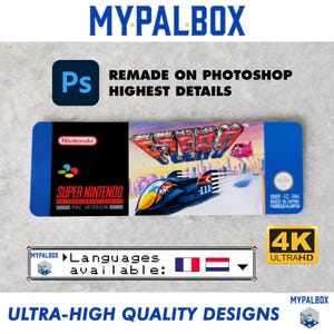 May include: A blue and white Super Nintendo game cartridge label with the title "F-ZERO" in red and white. The label features a black and blue race car with a white number "111" on the side. The label also includes the Nintendo and Super Nintendo logos. The label is in the PAL version.