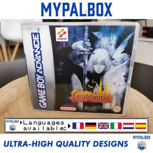May include: A clear plastic case with a Game Boy Advance game cartridge inside. The game is Castlevania: Aria of Sorrow, a video game for the Game Boy Advance. The game is made by Konami and licensed by Nintendo. The case is on a wooden surface. The image also shows a banner with the text "Languages available:" and flags for France, Germany, the United Kingdom, Italy, Austria, and Spain.
