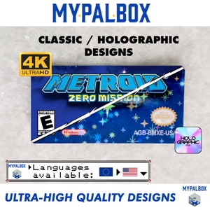 Puede incluir: Un cartucho de videojuego azul y blanco con el texto "Metroid Zero Mission" y una pegatina holográfica que dice "Holo Graphic". El cartucho es para Game Boy Advance y tiene una clasificación "E" para todos.