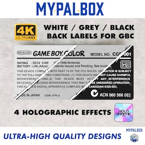Może przedstawiać: Prostokątna etykieta zastępcza na tył konsoli Game Boy Color z czarnym tekstem na białym i szarym tle. Etykieta zawiera specyfikacje techniczne, logo Nintendo, numer modelu CGB-001 oraz informacje dotyczące zgodności z przepisami.
