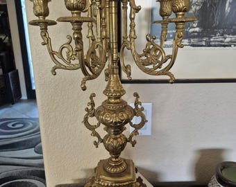 Vintage Large Cast Brass Victorian 6 Arm Candelabra - 23.5"T x 12"L x 7.5"W @ Base