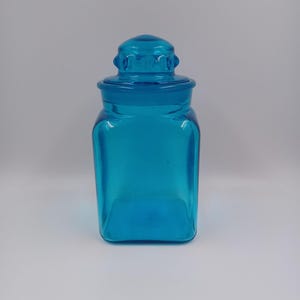 Vintage Peacock Blue Square Glass Canister Jar (Possibly Takahashi?) - 10&quot;T x 5&quot; Square