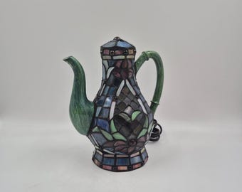 Vintage Stained Glass Mosaic Teapot Lamp - 8.5"T x 7"L x 4"W @ Base