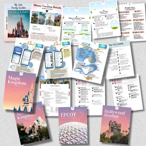 May include: A collection of printable Disney vacation planning documents. The documents include a welcome home page, a Disney vacation details page, a Disney resort name page, a ticket only page, a height chart, a Genie+ page, a multi-park pass page, a single park pass page, a Magic Kingdom page, an Animal Kingdom page, an Epcot page, and a Hollywood Studios page.