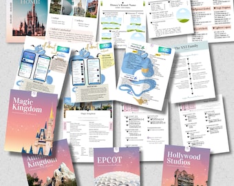 May include: A collection of printable Disney vacation planning documents. The documents include a welcome home page, a Disney vacation details page, a Disney resort name page, a ticket only page, a height chart, a Genie+ page, a multi-park pass page, a single park pass page, a Magic Kingdom page, an Animal Kingdom page, an Epcot page, and a Hollywood Studios page.