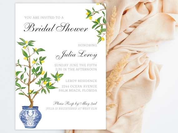 Lemon invitation bridal grandmillennial yellow invitation ginger jar bridal Chinoiserie Lemon Invitation theme grandmillennial yellow preppy