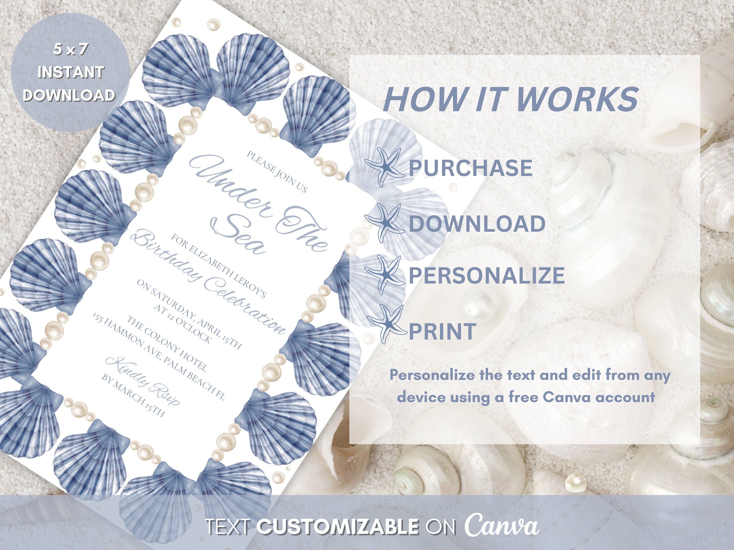 Beach Invitation Seashells Birthday Invitation Tropical Ocean Party Coastal Invitation , Ocean ...