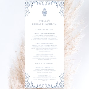 Grandmillennial Toile Menu Blauwe gemberpot Bewerkbare lunchmenu Repetitiedinersjabloon Chinoiserie Bruidsmenu Bewerkbare download
