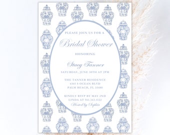 Ginger Jar Grandmillenial Party, Palm Beach Chic Braut Download | Printable Ginger Jar Template Invite blau