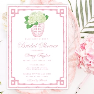 Ginger Jar Pink Bamboo Invitation | Elegant Party Invite | Floral Printable Invitation | Customizable Digital Download | Palm Beach Style