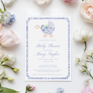 Blue Chinoiserie Baby Shower Invitation | Palm Beach Baby Shower | Elegant Printable Baby Shower Invite | Blue and White Baby Shower