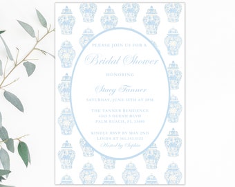 Grandmillennial blau Ginger jar Einladung Chinoiserie Party, Palm Beach Chic Braut Download | Druckbare Ingwer Dose Vorlage