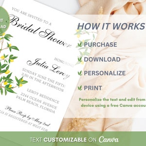 May include: A white bridal shower invitation with a watercolour lemon tree design. The invitation includes event details and the text "Text Customizable on Canva". A green circle indicates "5x7 Instant Download".