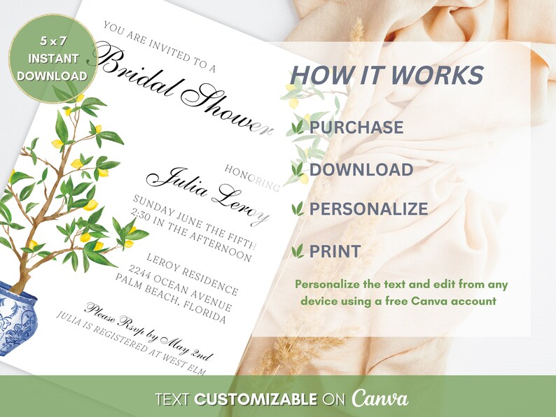 May include: A white bridal shower invitation with a watercolour lemon tree design. The invitation includes event details and the text "Text Customizable on Canva". A green circle indicates "5x7 Instant Download".