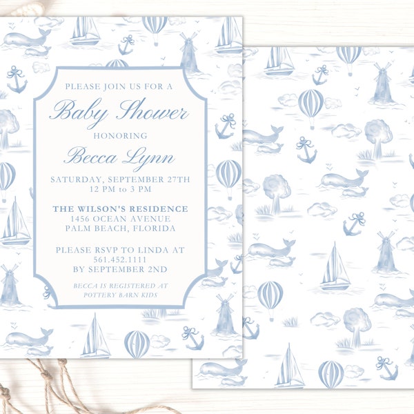 Nautical Boy Invitation Grand Millennial Blue Shower Boat Blue Toile Navy Baby Nautical Invitation Coastal Whales Digital Download