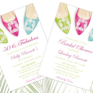 Puede incluir: Dos tarjetas de invitación con fondo blanco y zapatos de tacón alto de colores. El texto en las tarjetas dice "50 & Fabulous" y "Bridal Shower".