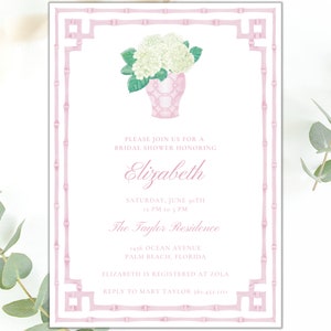 Chinoiserie Pink ginger jar and bamboo border with white hydrangea invitation , Palm Beach Chic Bridal | Printable Download