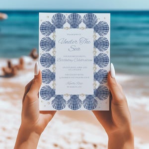 Invitación de cumpleaños bajo el mar / Invitación de cumpleaños con conchas azules / Invitación imprimible para fiesta de cumpleaños costera / Invitación para fiesta en Palm Beach