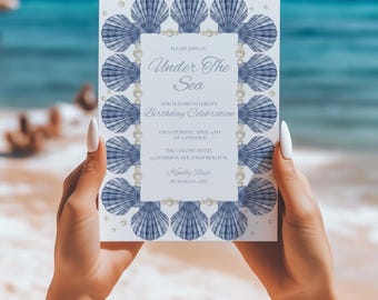 Under the Sea Birthday Invitation | Blue Seashell Birthday Invite | Coastal Birthday Party Printable | Palm Beach Party Invitation