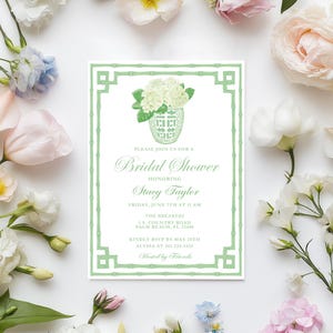Ginger Jar Invitation Green Bamboo | Elegant Party Invite | Floral Printable Invitation | Customizable Digital Download | Palm Beach Style