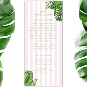 Tropical Pink Menu Palm Leaves Bridal Luncheon Menu Rehearsal Dinner Template Palm Beach Chic Bridal Menu Palm Beach Theme Monstera Menu