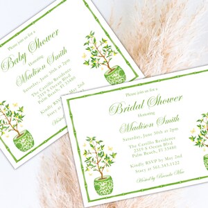 Grandmillennial Green Ginger Jar Lemon Tree Bamboo Shower Bridal invitation , Palm Beach Chic Bridal Chinoiserie Green Printable Download