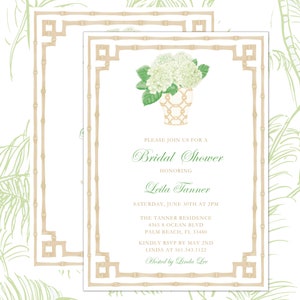 Grandmillennial Tan ginger jar and Tan bamboo border white hydrangea invitation Palm Beach Bridal | Printable Download, Tan Chinoiserie