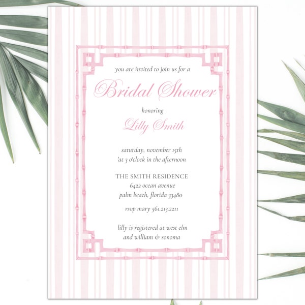 Pink Preppy Invitation Bamboo Pink Stripes party Grandmillennial Bamboo Pink Invite Palm Beach party Prep Chic Bridal Download | Template