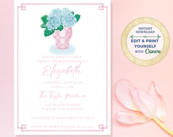 Pink Ginger Jar and  Blue Hydrangea Printable Invitation | Digital Download