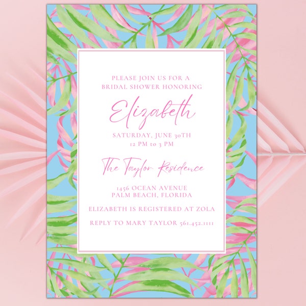 Preppy coastal invitation Pink Green Blue Tropical Palm Leaves Printable Invitation Bridal Shower Invite | Lilly Inspired invite