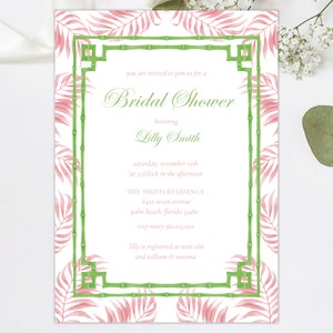Tropical Bamboo Chinoiserie Style Invitation, Pink Palms Invite Bamboo , Palm Beach Chic Coastal Bridal | Printable l Download | Template