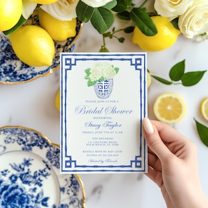 Grandmillennial blue ginger jar and Navy bamboo border with white hydrangea invitation , Coastal Palm Beach Chic Bridal | Printable Download