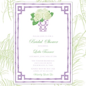 Chinoiserie Purple ginger jar and bamboo border white hydrangea invitation Palm Beach Bridal | Printable Download,  Lavender Chinoiserie