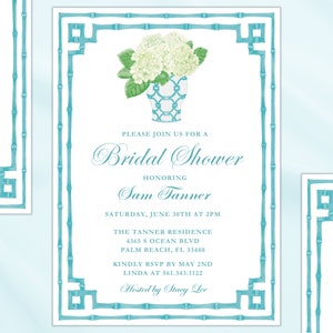 Teal chinoiserie Invitation bamboo white hydrangea invitation Palm Beach Chic Bridal | Printable Download Bridal | Grandmillenial Invitation