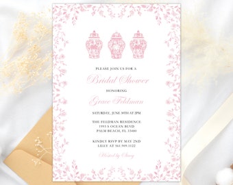 Pink Toile invitation chinoiserie Ginger Jar invitation grandmillennial Invitation Garden Party Bridal Shower Chinoiserie Baby Shower toile