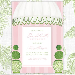 Tropical Pink Palm Beach Inspired Topiary Invitation, Pink and White Stripes, Coastal Bridal | Printable Instant Download | Template