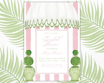 Bridal Shower Tropical Invitation Palm Beach Inspired Tropical Pink and White Stripes, Coastal Bridal | Printable Instant Download