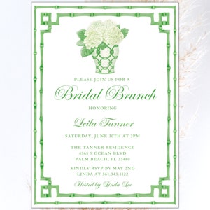 Green ginger jar chinoiserie bamboo border white hydrangea invitation , Palm Beach Chic Bridal | Printable Download Bridal