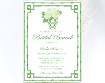 Green ginger jar chinoiserie bamboo border white hydrangea invitation , Palm Beach Chic Bridal | Printable Download Bridal