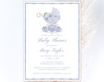Grandmillennial Pumpkin Baby Shower Fall Invitation | Blue Fall Baby Shower Hydrangea invitation Vintage Stroller baby shower Template