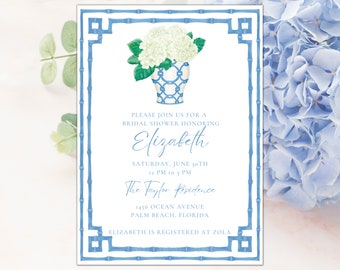 Grandmillennial blue ginger jar and bamboo border with white hydrangea invitation , Palm Beach Chic Bridal | Printable Download