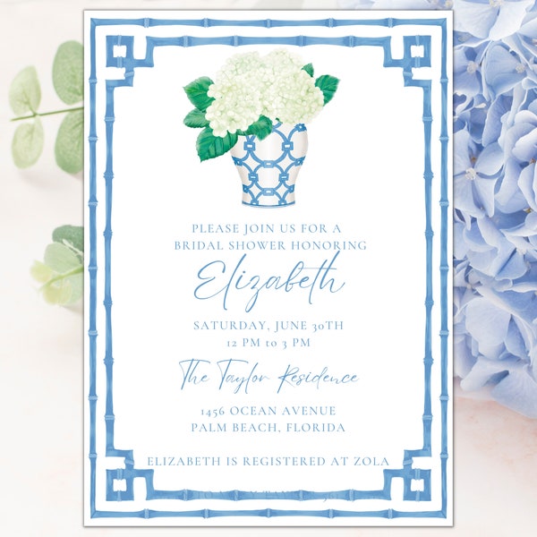 Grandmillennial blue ginger jar and bamboo border with white hydrangea invitation , Palm Beach Chic Bridal | Printable Download