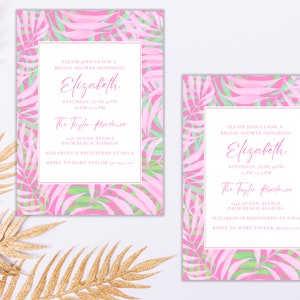 Preppy Pink und Grün Tropische Palmenblätter druckbare Einladung, Brautparty einladen