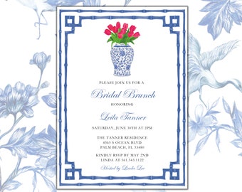 Chinoiserie blue ginger jar and bamboo border with pink tulip invitation , Palm Beach Chic Bridal | Printable Download | Grand Millennial