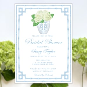 Grandmillennial baby blue ginger jar Invitation Blue bamboo border white hydrangea invitation Chinoiserie blue Bridal Ginger Jar Download