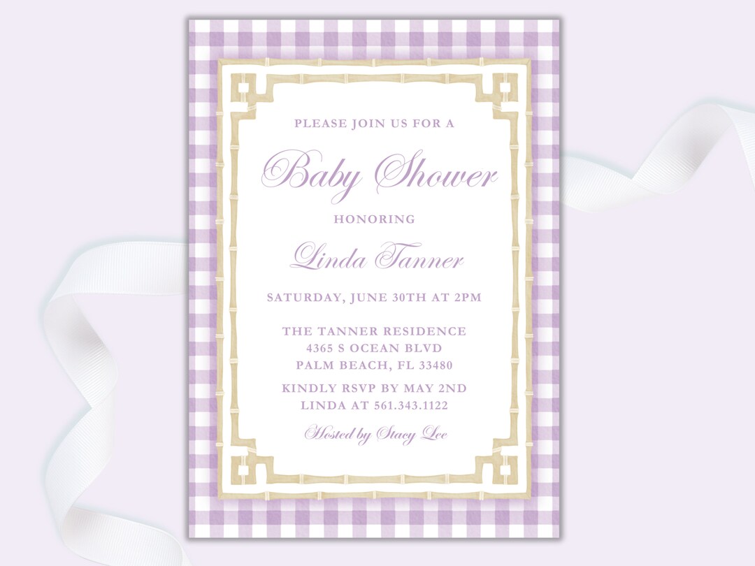 Gingham Invitation Purple Baby Shower Gingham Invitation ...