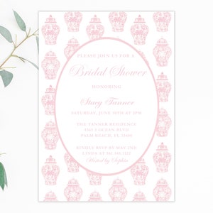 May include: A pink and white bridal shower invitation with a pattern of pink Chinese ginger jars. The invitation reads "Please join us for a Bridal Shower honouring Stacy Tanner, Saturday, June 10th at 2pm, The Tanner Residence, 4365 S Ocean Blvd, Palm Beach, FL 33480. Kindly RSVP by May 2nd, Linda at 361.343.1122, Hosted by Sophia."